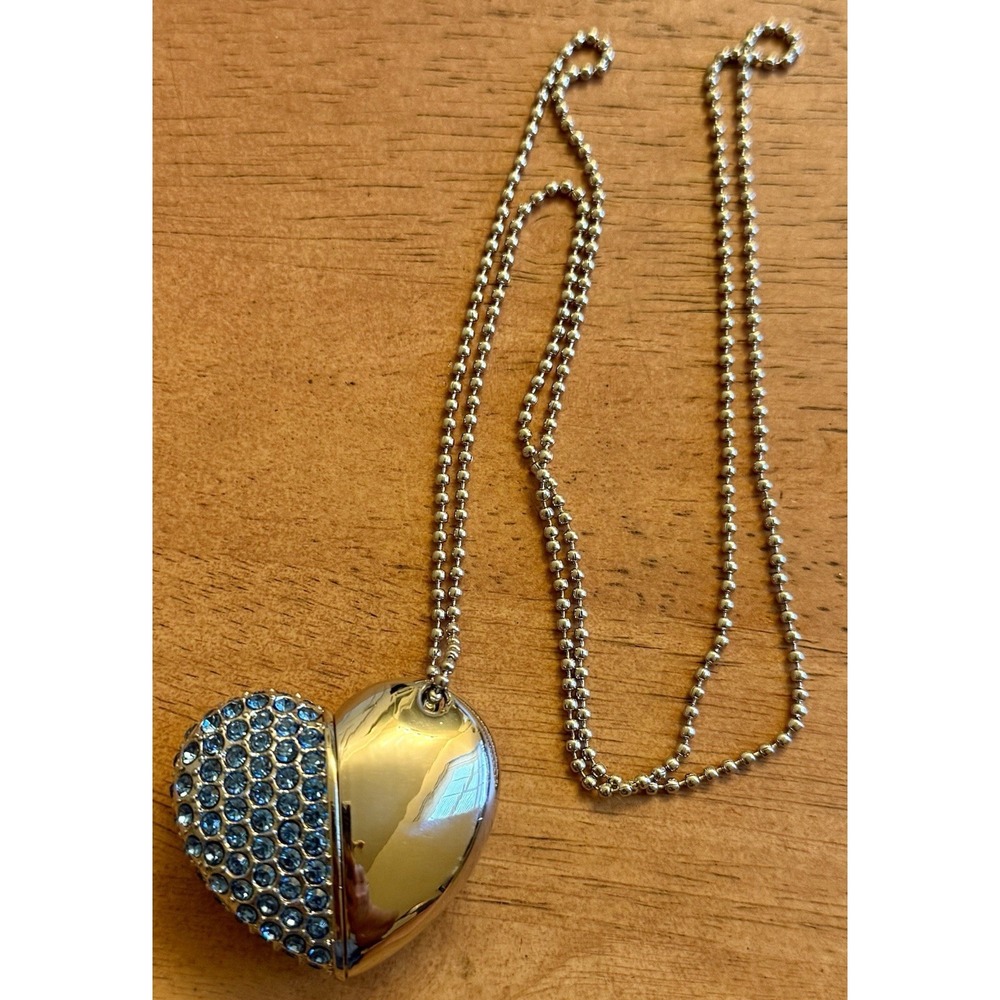 Vintage 26in Rhinestone Heart USB Flash Drive Necklace Blue Crystal In Case